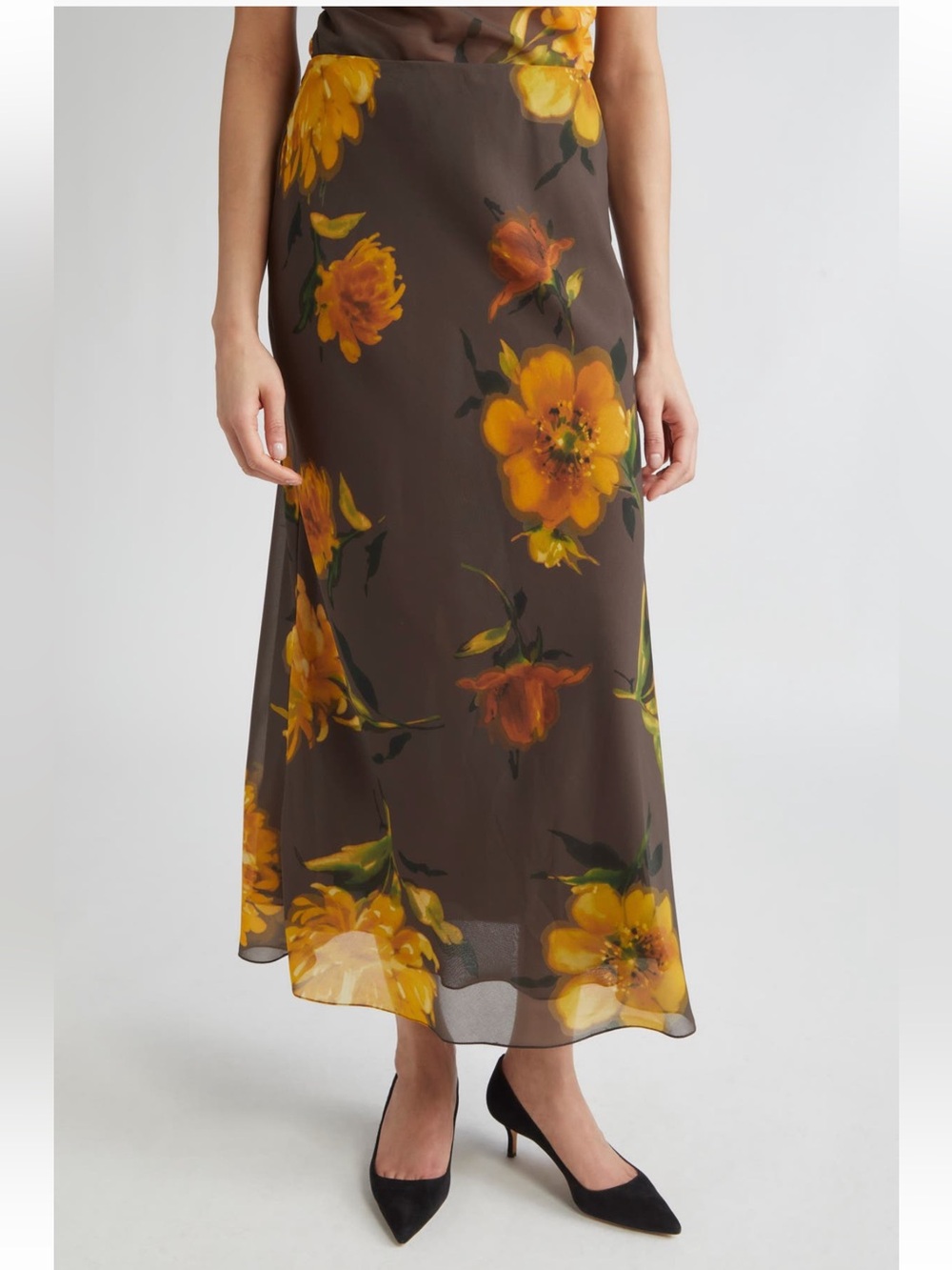Lela Rose Floral Chiffon Bias Cut Skirt maxi midi chocolate size 6 NWT